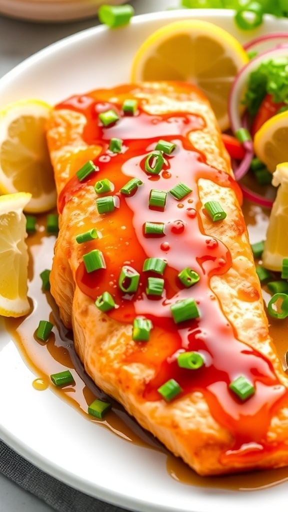 Air fryer salmon fillet with honey garlic glaze, garnished with green onions and lemon wedges on a white plate.